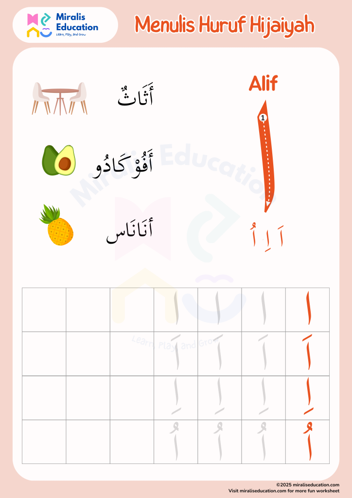 alt="Latihan menulis huruf hijaiyah - worksheet hijaiyah printable"